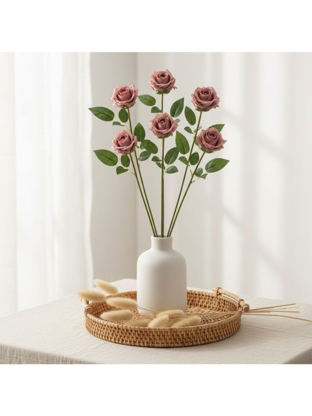 Mauve Rose Stem Set of 6 Dusty Rose Artificial Long Stem Roses Vintage - Picture 7 of 7